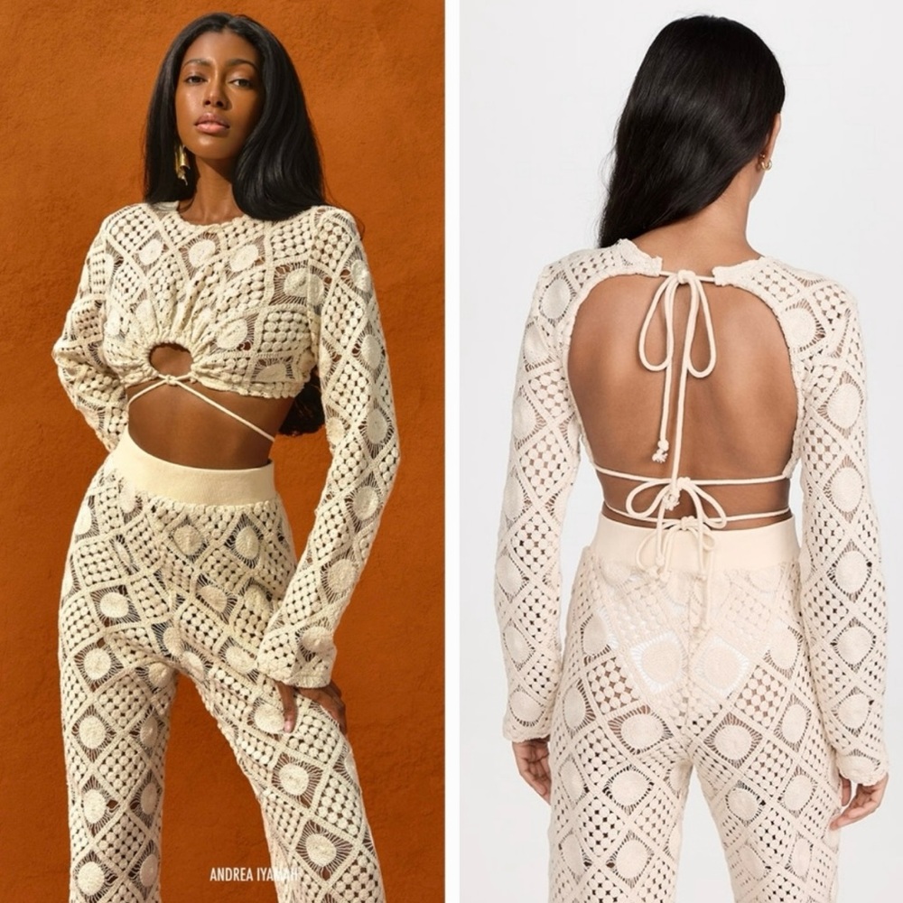 Andrea Iyamah Cream Crochet Open-Back Crop Top